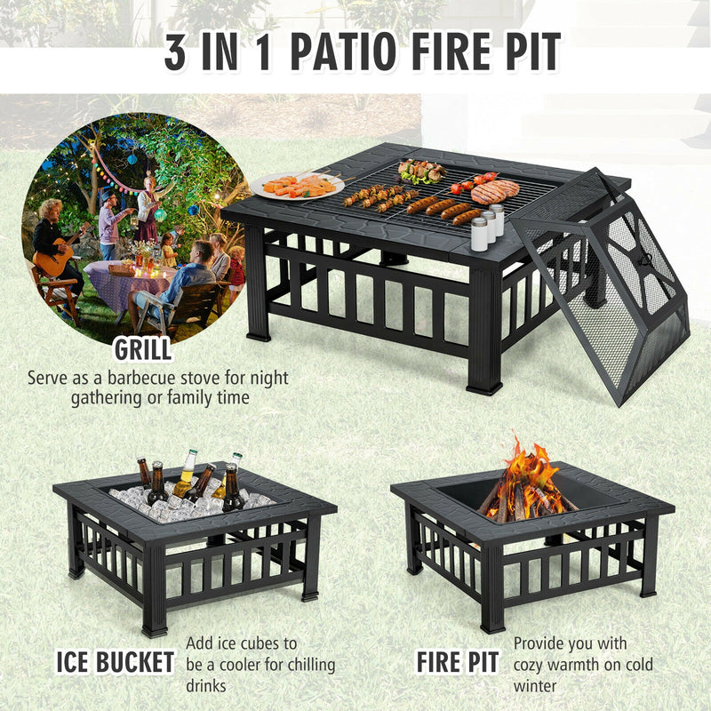 Costway - 32 Inch 3 in 1 Outdoor Square Fire Pit Table with BBQ Grill and Rain Cover for Camping