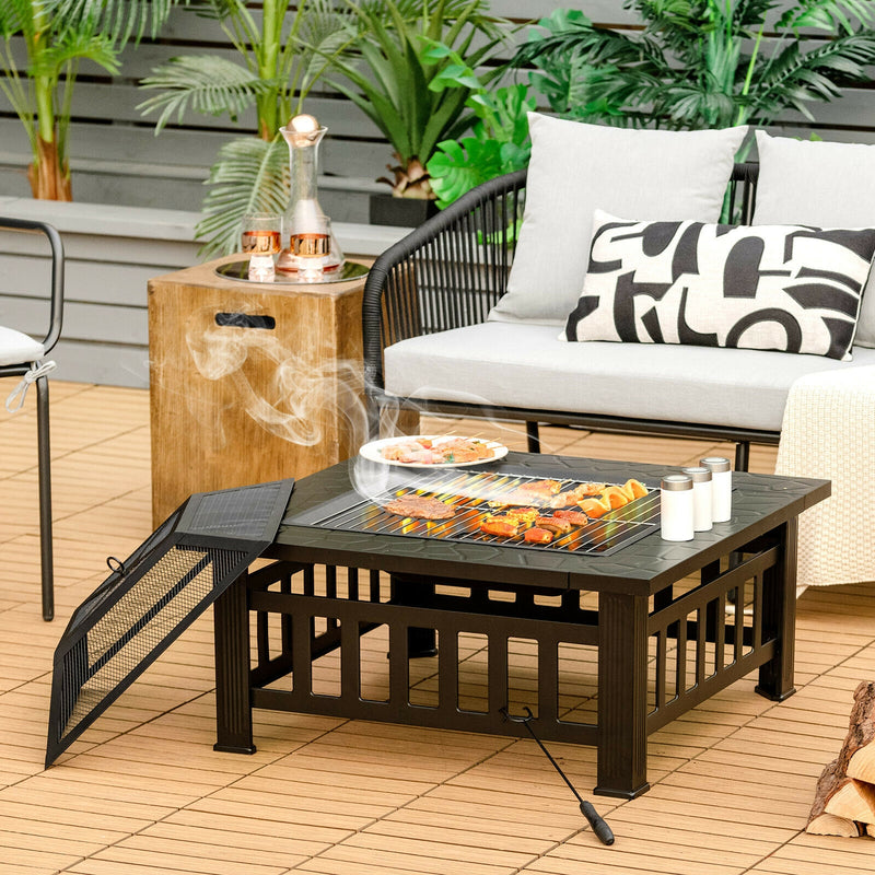 Costway - 32 Inch 3 in 1 Outdoor Square Fire Pit Table with BBQ Grill and Rain Cover for Camping