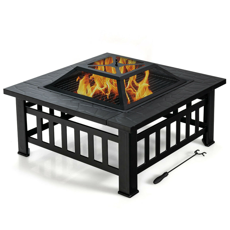 Costway - 32 Inch 3 in 1 Outdoor Square Fire Pit Table with BBQ Grill and Rain Cover for Camping