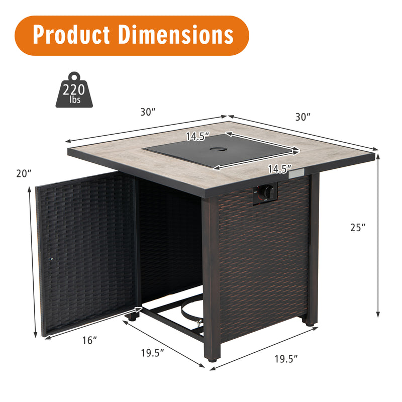 Costway - 30 Inch Square Propane Gas Fire Pit Table Ceramic Tabletop