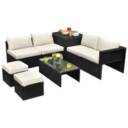 Costway - 8 Pieces Patio Rattan Storage Table Furniture Set-Off White