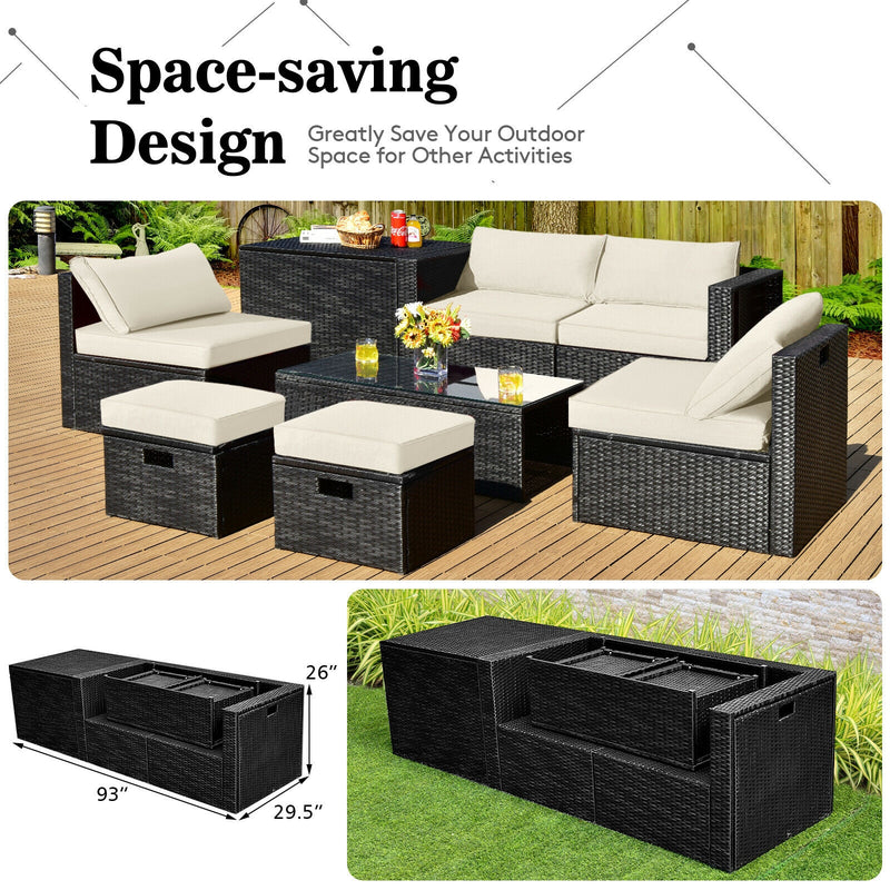 Costway - 8 Pieces Patio Rattan Storage Table Furniture Set-Off White