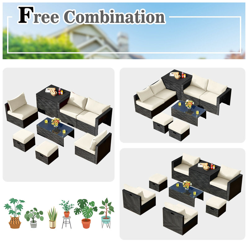 Costway - 8 Pieces Patio Rattan Storage Table Furniture Set-Off White