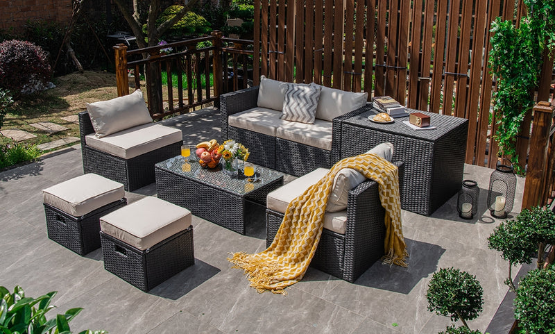 Costway - 8 Pieces Patio Rattan Storage Table Furniture Set-Off White
