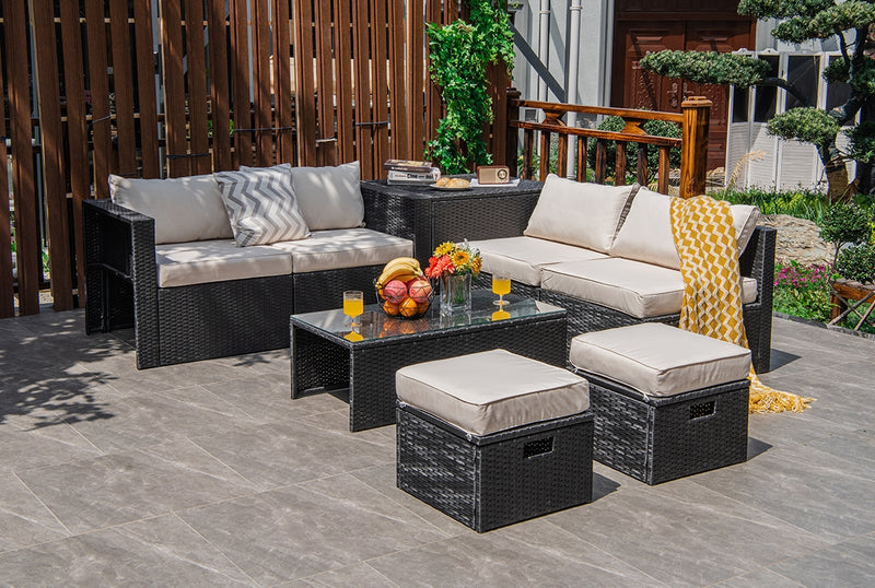 Costway - 8 Pieces Patio Rattan Storage Table Furniture Set-Off White