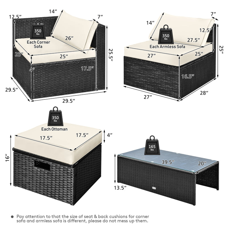 Costway - 8 Pieces Patio Rattan Storage Table Furniture Set-Off White