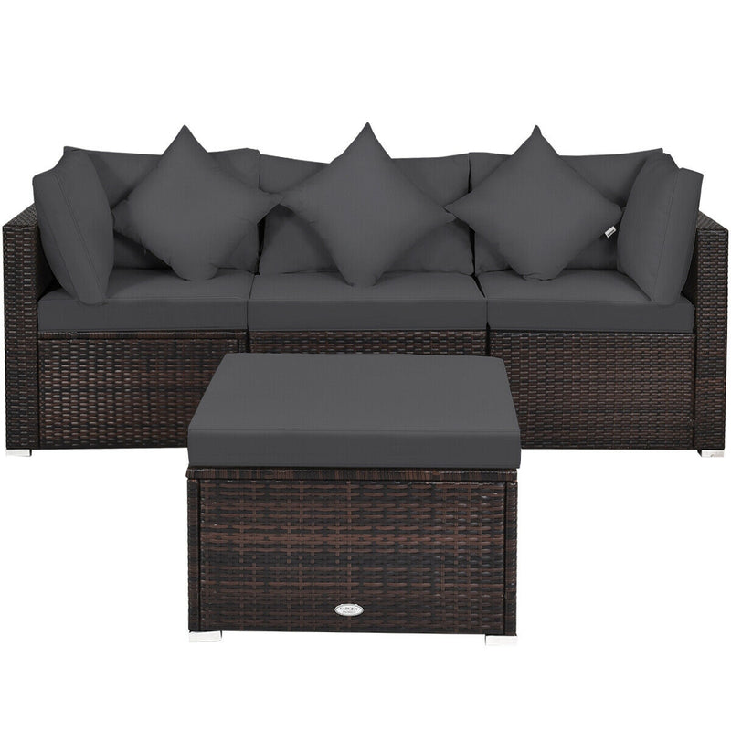 Costway - 4 Pieces Ottoman Garden Patio Rattan Wicker Furniture Set with Cushion-Gray