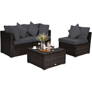 Costway - 4 Pieces Ottoman Garden Patio Rattan Wicker Furniture Set with Cushion-Gray