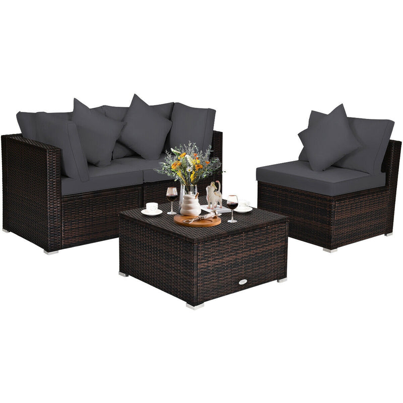 Costway - 4 Pieces Ottoman Garden Patio Rattan Wicker Furniture Set with Cushion-Gray