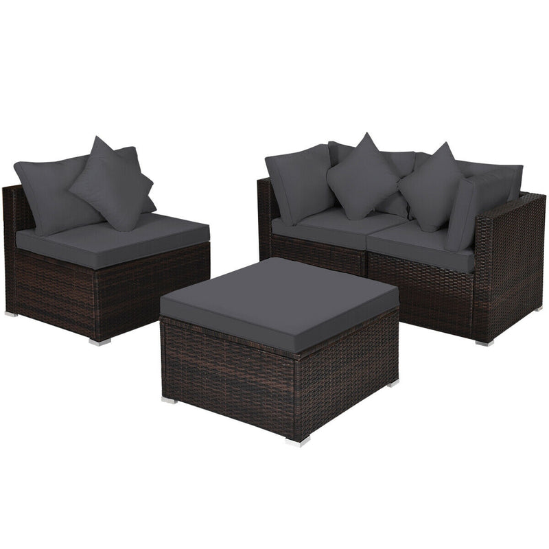 Costway - 4 Pieces Ottoman Garden Patio Rattan Wicker Furniture Set with Cushion-Gray