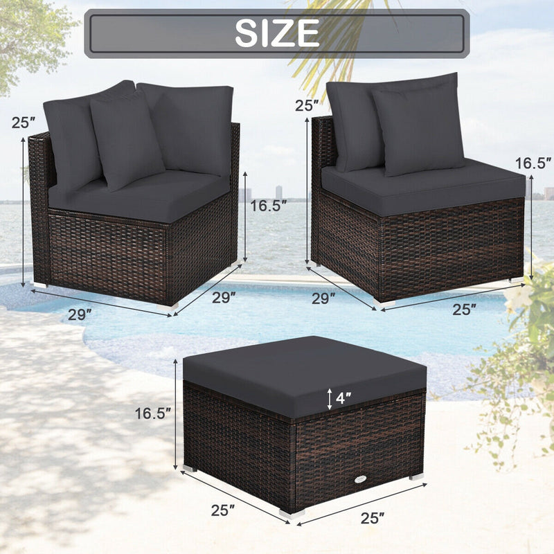 Costway - 4 Pieces Ottoman Garden Patio Rattan Wicker Furniture Set with Cushion-Gray