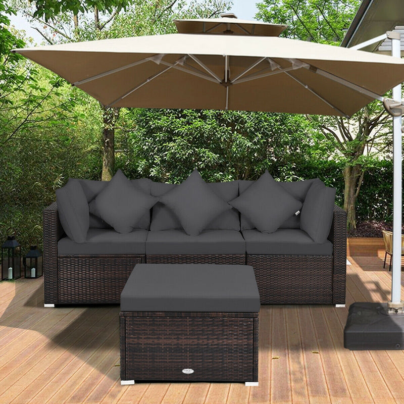 Costway - 4 Pieces Ottoman Garden Patio Rattan Wicker Furniture Set with Cushion-Gray