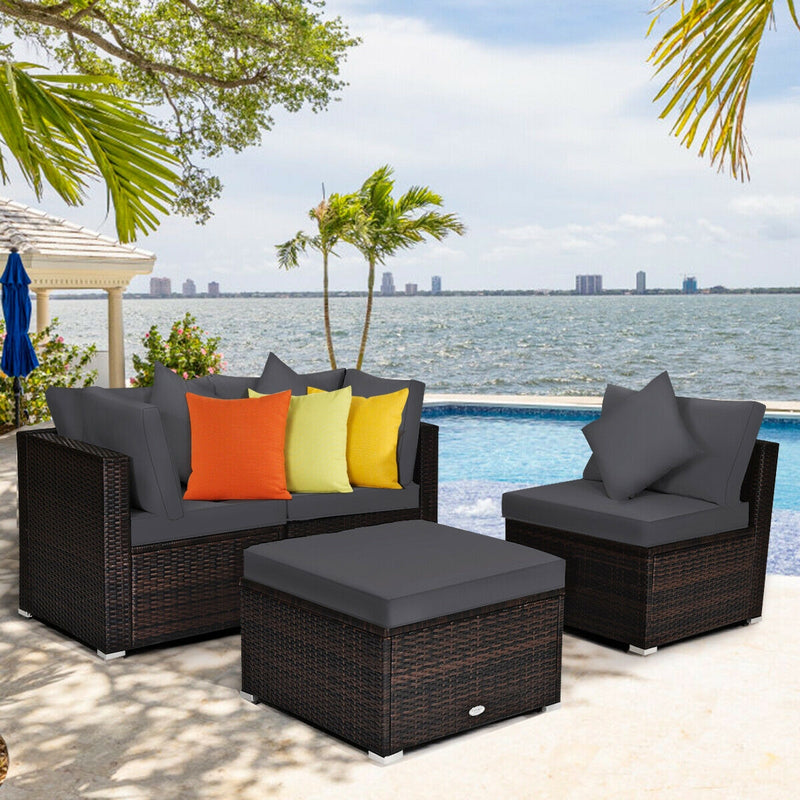 Costway - 4 Pieces Ottoman Garden Patio Rattan Wicker Furniture Set with Cushion-Gray