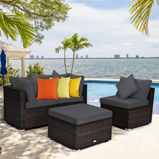 Costway - 4 Pieces Ottoman Garden Patio Rattan Wicker Furniture Set with Cushion-Gray