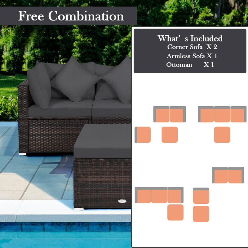 Costway - 4 Pieces Ottoman Garden Patio Rattan Wicker Furniture Set with Cushion-Gray