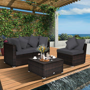 Costway - 4 Pieces Ottoman Garden Patio Rattan Wicker Furniture Set with Cushion-Gray
