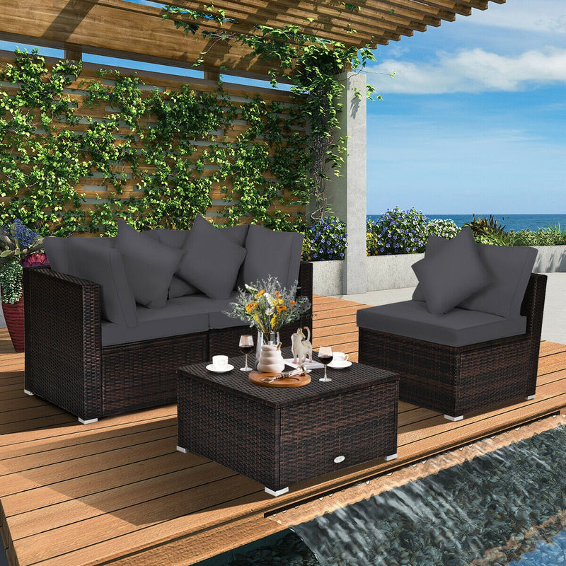 Costway - 4 Pieces Ottoman Garden Patio Rattan Wicker Furniture Set with Cushion-Gray