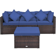 Costway - 4 Pieces Ottoman Garden Patio Rattan Wicker Furniture Set with Cushion-Navy