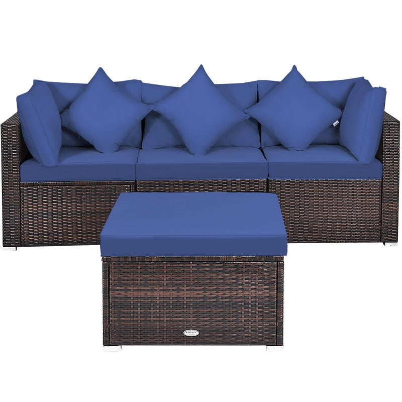 Costway - 4 Pieces Ottoman Garden Patio Rattan Wicker Furniture Set with Cushion-Navy