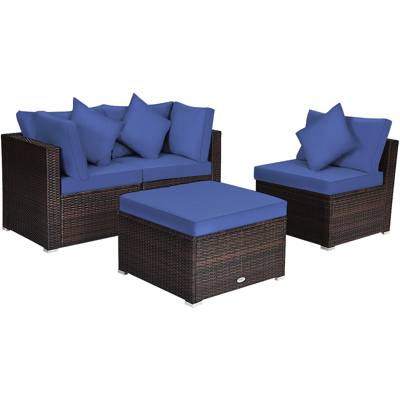 Costway - 4 Pieces Ottoman Garden Patio Rattan Wicker Furniture Set with Cushion-Navy