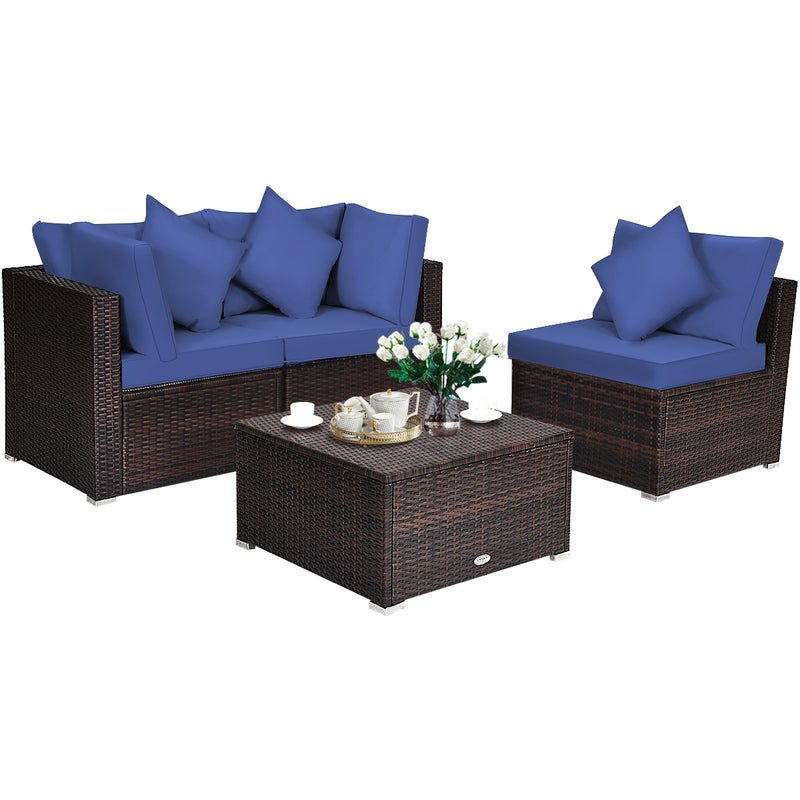 Costway - 4 Pieces Ottoman Garden Patio Rattan Wicker Furniture Set with Cushion-Navy
