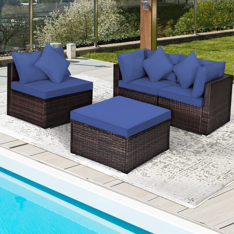 Costway - 4 Pieces Ottoman Garden Patio Rattan Wicker Furniture Set with Cushion-Navy