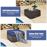 Costway - 4 Pieces Ottoman Garden Patio Rattan Wicker Furniture Set with Cushion-Navy