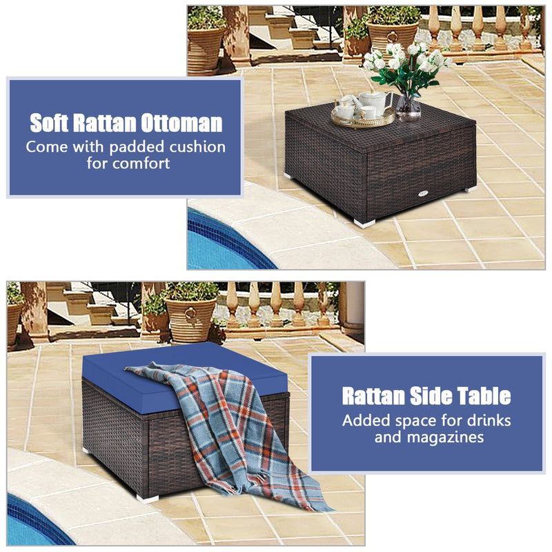 Costway - 4 Pieces Ottoman Garden Patio Rattan Wicker Furniture Set with Cushion-Navy