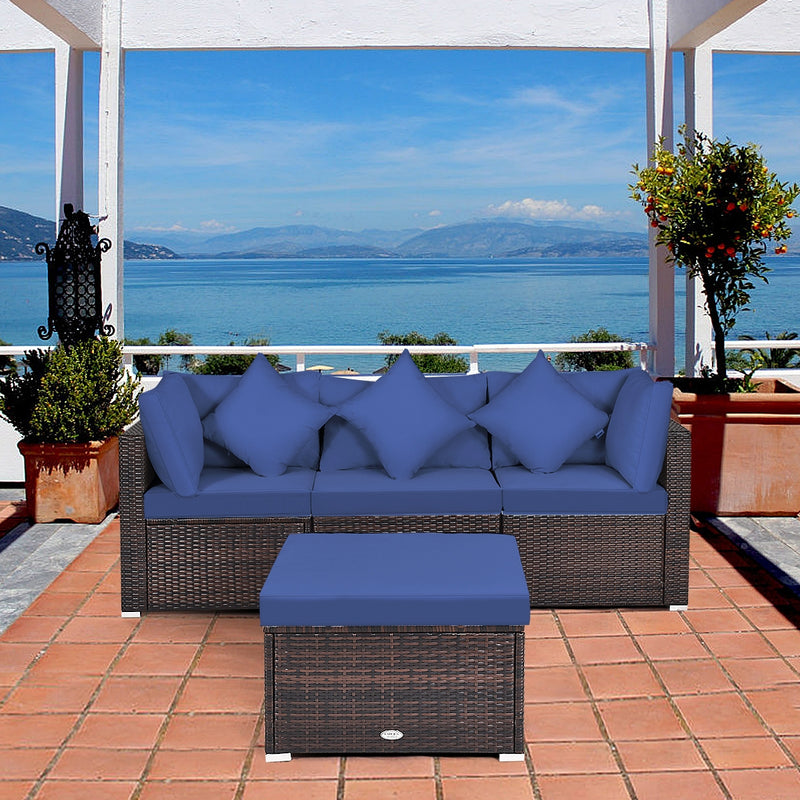 Costway - 4 Pieces Ottoman Garden Patio Rattan Wicker Furniture Set with Cushion-Navy
