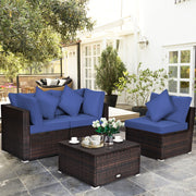 Costway - 4 Pieces Ottoman Garden Patio Rattan Wicker Furniture Set with Cushion-Navy