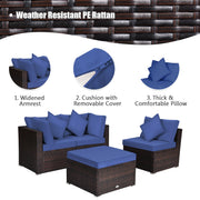 Costway - 4 Pieces Ottoman Garden Patio Rattan Wicker Furniture Set with Cushion-Navy