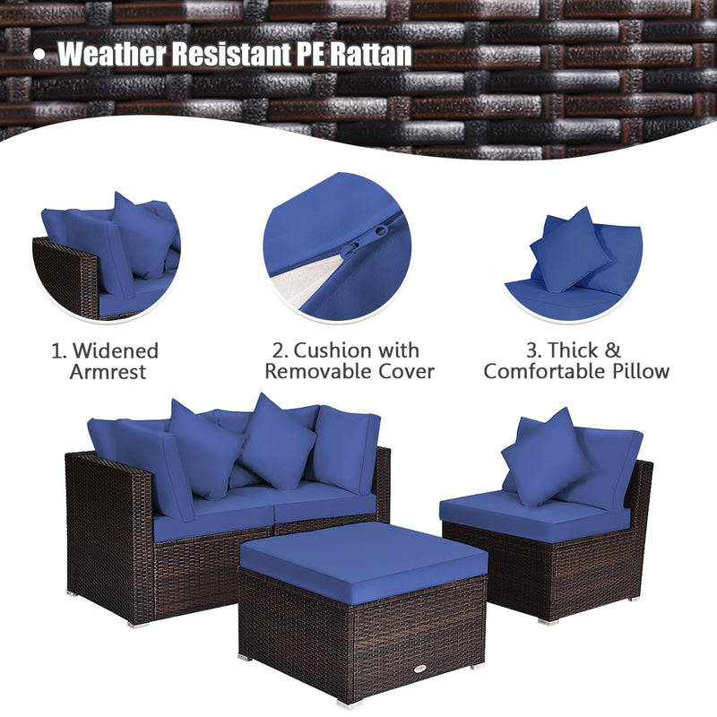 Costway - 4 Pieces Ottoman Garden Patio Rattan Wicker Furniture Set with Cushion-Navy