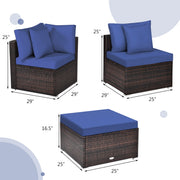 Costway - 4 Pieces Ottoman Garden Patio Rattan Wicker Furniture Set with Cushion-Navy