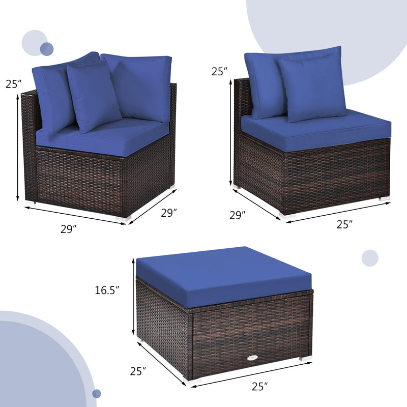 Costway - 4 Pieces Ottoman Garden Patio Rattan Wicker Furniture Set with Cushion-Navy