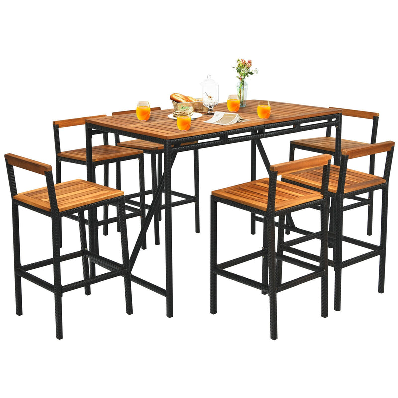 Costway - 7 Pieces Acacia Wood Patio Rattan Bar Set with Umbrella Hole