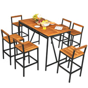 Costway - 7 Pieces Acacia Wood Patio Rattan Bar Set with Umbrella Hole