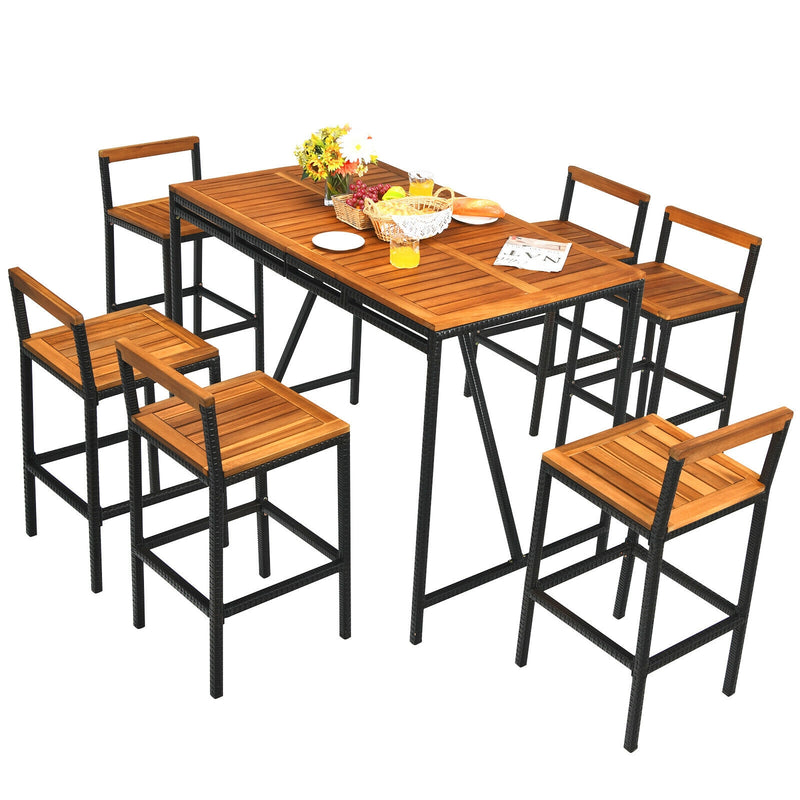 Costway - 7 Pieces Acacia Wood Patio Rattan Bar Set with Umbrella Hole