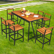 Costway - 7 Pieces Acacia Wood Patio Rattan Bar Set with Umbrella Hole