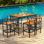 Costway - 7 Pieces Acacia Wood Patio Rattan Bar Set with Umbrella Hole