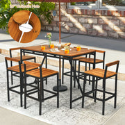 Costway - 7 Pieces Acacia Wood Patio Rattan Bar Set with Umbrella Hole