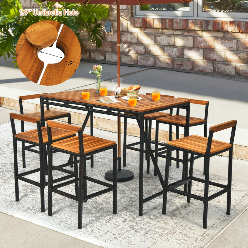 Costway - 7 Pieces Acacia Wood Patio Rattan Bar Set with Umbrella Hole