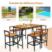 Costway - 7 Pieces Acacia Wood Patio Rattan Bar Set with Umbrella Hole