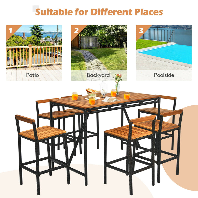 Costway - 7 Pieces Acacia Wood Patio Rattan Bar Set with Umbrella Hole
