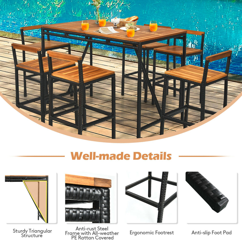 Costway - 7 Pieces Acacia Wood Patio Rattan Bar Set with Umbrella Hole