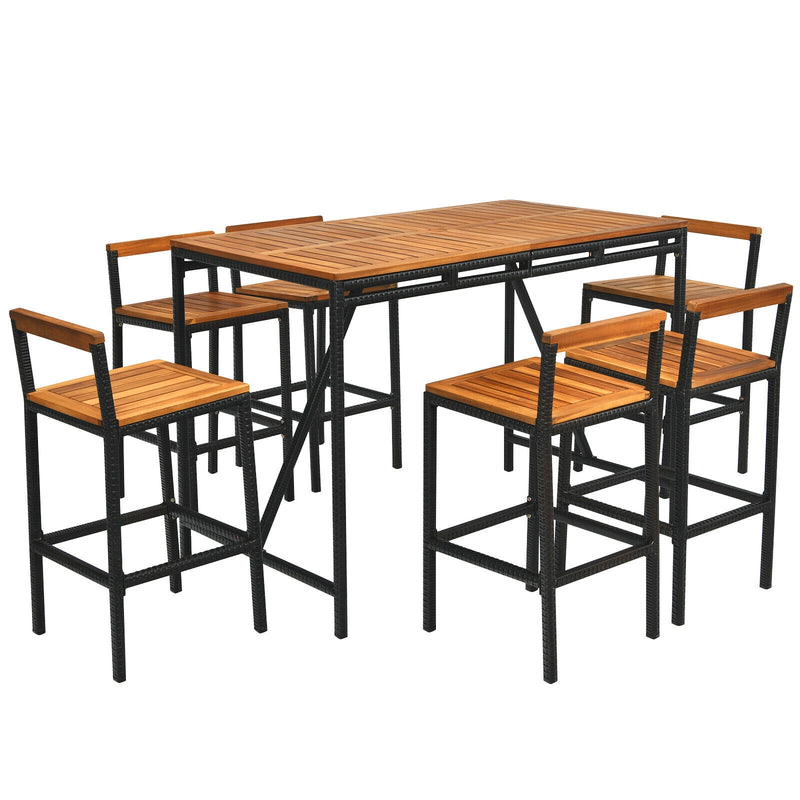 Costway - 7 Pieces Acacia Wood Patio Rattan Bar Set with Umbrella Hole