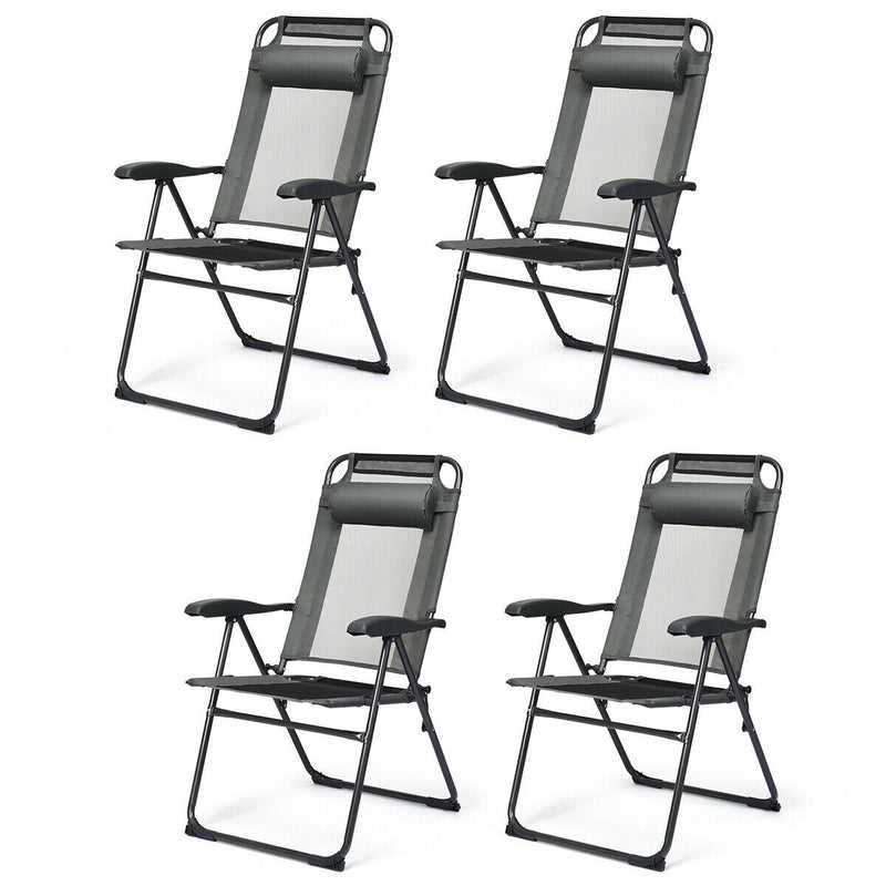 Costway - 4 Pieces Patio Garden Adjustable Reclining Folding Chairs with Headrest-Gray