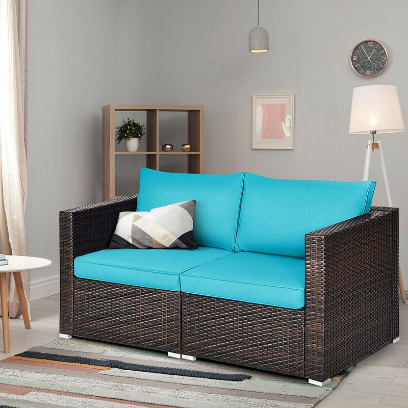 Costway - 2PCS Patio Rattan Sectional Conversation Sofa Set-Blue