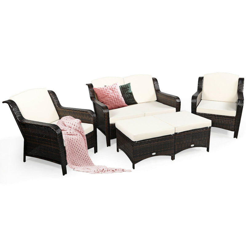 Costway - 5 Pieces Patio Rattan Sofa Set with Cushion and Ottoman-Off White