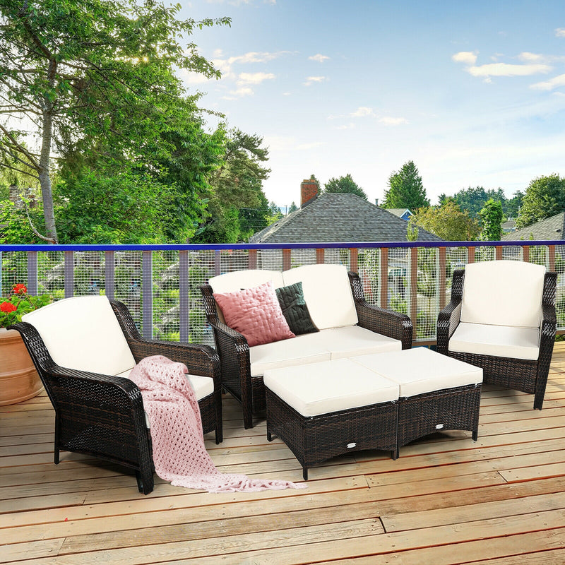 Costway - 5 Pieces Patio Rattan Sofa Set with Cushion and Ottoman-Off White