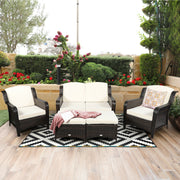 Costway - 5 Pieces Patio Rattan Sofa Set with Cushion and Ottoman-Off White
